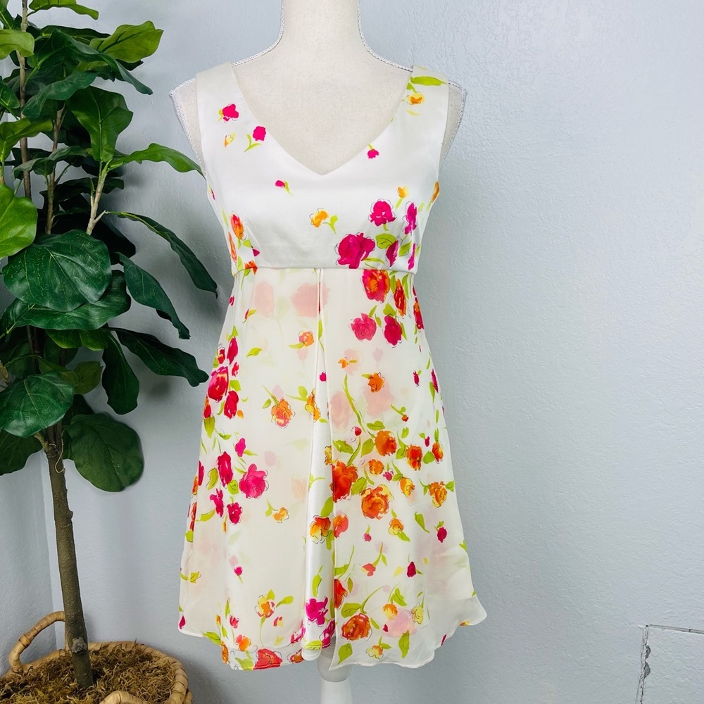 Vintage Kay Unger Evening Silk Floral Cream Empire Waist Baby Doll Dress